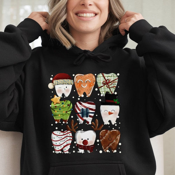 Humorous Holiday Teeth Graphic Hooded Sweatshirt, Christmas Dental Hoodie, Adorable Dentist Pullover, Dental Assistant Hygien