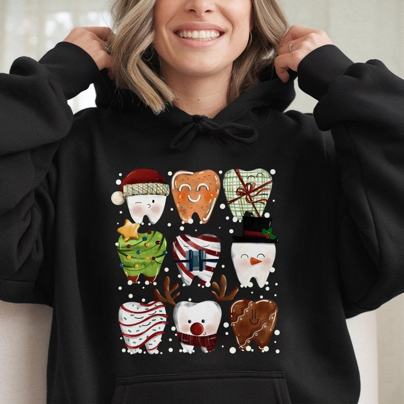 Humorous Holiday Teeth Graphic Hooded Sweatshirt, Christmas Dental Hoodie, Adorable Dentist Pullover, Dental Assistant Hygienist Xmas Sweatshirt