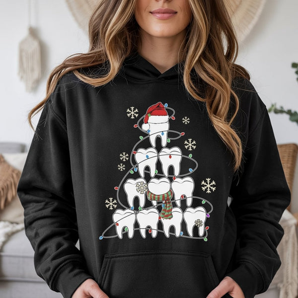 Adorable Tooth Dental Hygienist Hoodie, Dentist Christmas Tree Hoodie, Humorous Dental Assistant Holiday Hooded Sweatshirt, X