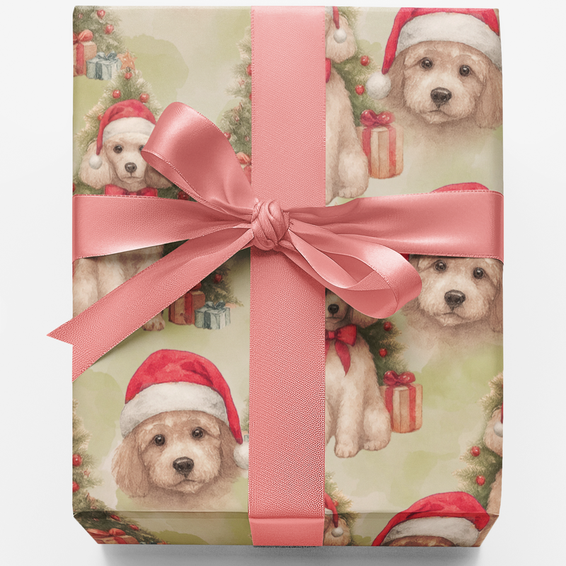 Santa Hat Puppy Holiday Gift Wrap, Poodle Christmas Wrapping Paper, Watercolor Dog Christmas Wrapping Paper, Adorable Dog Lover Xmas Gift Wrap