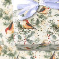 Pine Branch Bird Gift Wrap, Watercolor Winter Birds Wrapping Paper, Red Berry Christmas Wrapping Paper, Rustic Holiday Gift Wrapping Paper