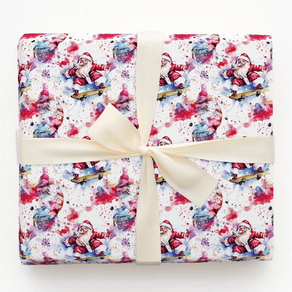 Watercolor Skater Santa Gift Wrap, Splatter Skateboarding Santa Wrapping Paper, Fun Christmas Present Wrap, Artistic Holiday 