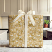 Vintage Rustic Gift Wrap Roll, Gold Snowflake Christmas Wrapping Paper, Silver Snowflake Holiday Paper, Elegant Winter Present Wrap