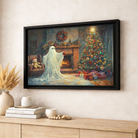 Spooky Holiday Fireplace Canvas, Ghost Decorating Christmas Tree Canvas, Whimsical Winter Canvas Print, Adorable Xmas Wall Art, Holiday Present