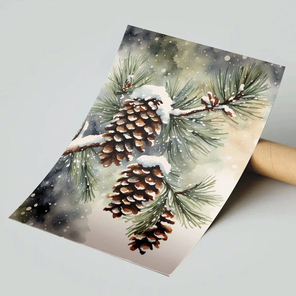 Watercolor Snowy Pine Branch Poster, Winter Pinecone Wall Art, Rustic Holiday Botanical Print, Christmas Evergreen Home Decor