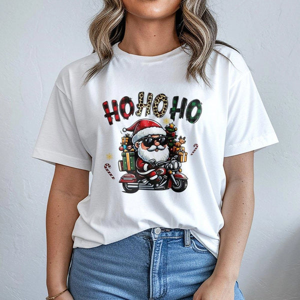 Biker Santa Christmas T-Shirt, Cool Santa Motorcycle Shirt, Humorous Ho Ho Ho Graphic Tee, Vintage Biker Holiday Shirt, Unise