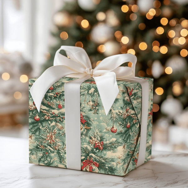 Nostalgic Holiday Gift Wrap, Vintage Pine Tree Christmas Wrapping Paper, Victorian Xmas Wrapping Paper, Snow Dusted Tree Gift