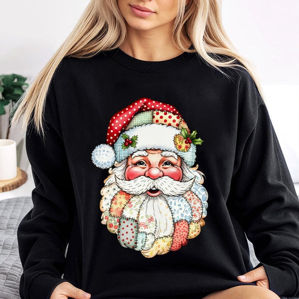 Vintage Quilt Style Santa Sweatshirt, Patchwork Santa Sweatshirt, Retro Holiday Crewneck Sweatshirt, Comfy Christmas Pullover