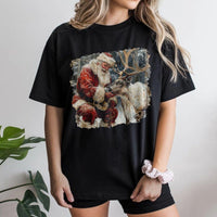 Realistic Winter Christmas Graphic Tee, Santa Claus and Reindeer T-Shirt, Vintage Holiday Season Shirt, Xmas Graphic Top
