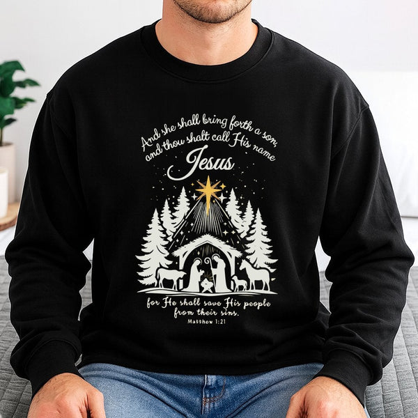 Matthew 1:21 Bible Verse Crewneck, Nativity Scene Sweatshirt, Christian Christmas Sweater, Religious Holiday Pullover, Faith 