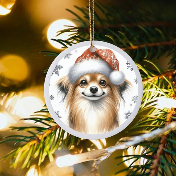 Santa Hat Puppy Ceramic Ornament, Long-Haired Chihuahua Christmas Ornament, Adorable Dog Breed Holiday Tree Ornament, Xmas Pr