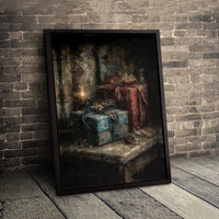 Vintage Oil Candlelight Present Print, Christmas Still Life Canvas Wall Art, Festive Holiday Canvas Art, Digital Download Decor
