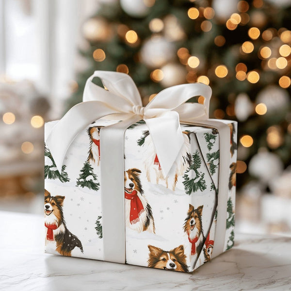 Sheltie Dog Gift Wrap Roll, Shetland Sheepdog Christmas Wrapping Paper, Winter Holiday Wrapping Paper, Adorable Puppy Christm