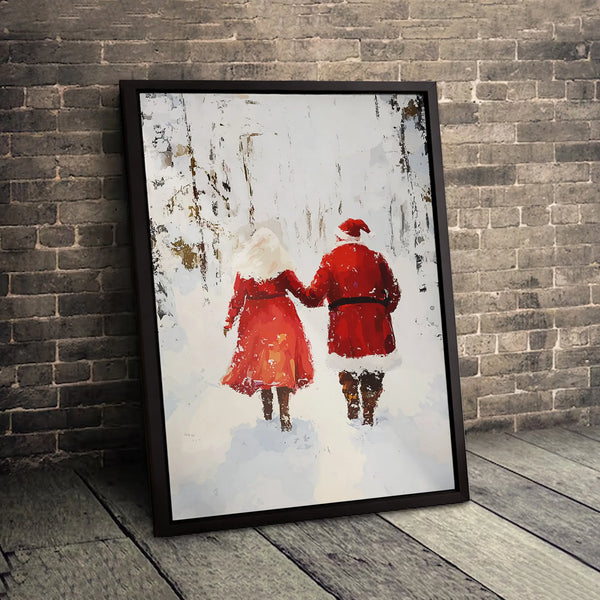 Snowy Forest Christmas Wall Decor, Santa and Mrs Claus Christmas Canvas Art, Romantic Santa and Mrs Claus Canvas Print, Festi