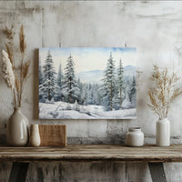 Snowy Pine Landscape Painting Print, Winter Forest Canvas Wall Art, Peaceful Holiday Season Decor, Rustic Christmas Tree Art Canvas