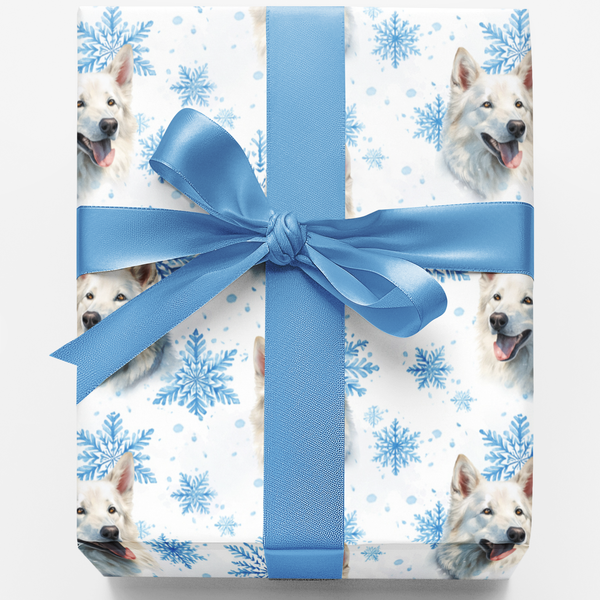 Watercolor Snowflake Winter Gift Wrap, White Shepherd Wrapping Paper, Christmas Dog Wrapping Paper, Pet Lover Holiday Gift Wr