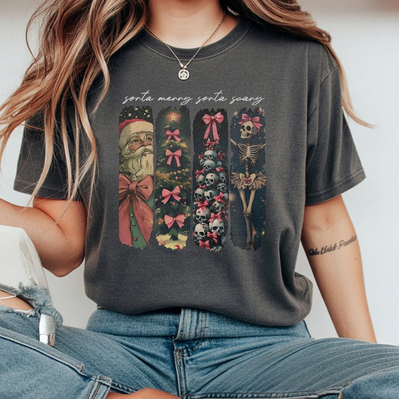 Retro Spooky Holiday Shirt, Sorta Merry Sorta Scary Christmas T-Shirt, Halloween Christmas Graphic Tee, Festive Creepy T-Shirt, Holiday Present