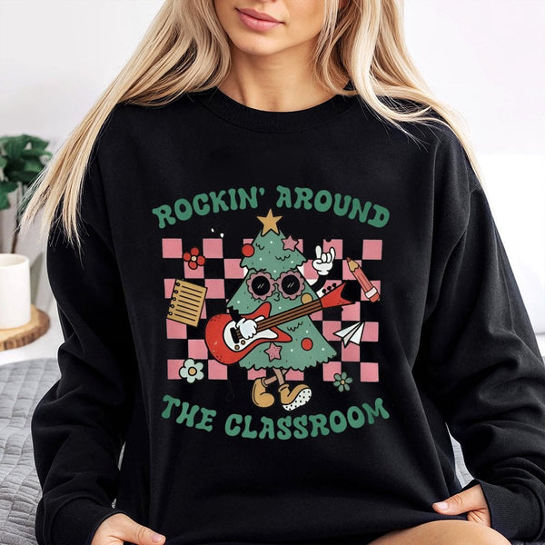Christmas Tree Guitar Teacher Sweatshirt, Rockin Around the Classroom Sweatshirt, Retro School Holiday Sweater, Humorous Teac