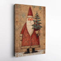 Rustic Santa Canvas Print, Vintage Santa Claus Canvas Art, Christmas Tree Canvas Wall Art, Traditional Holiday Wall Decor, Winter Xmas Present