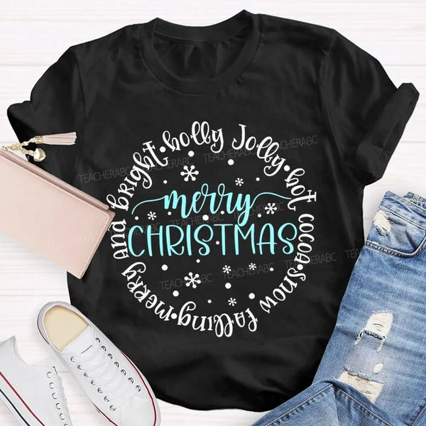 Merry and Bright Snow Falling Tee, Holly Jolly Hot Cocoa Shirt, Adorable Christmas Graphic T-Shirt, Comfy Winter Holiday Shir