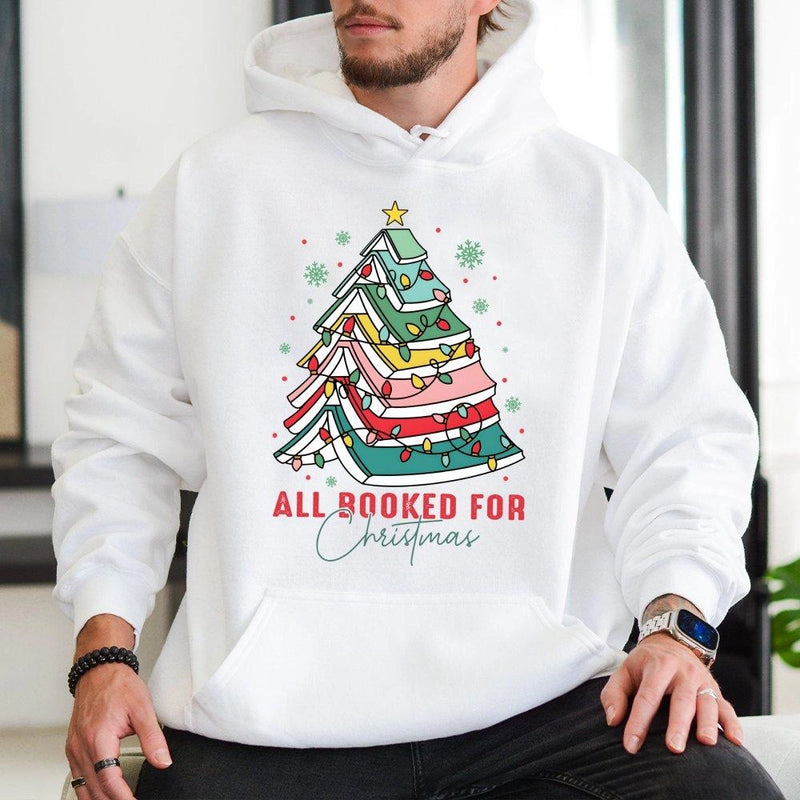 Book Lover Christmas Tree Hoodie, All Booked for Christmas Hoodie, Comfy Holiday Bookworm Hooded Sweatshirt, Reader Teacher Xmas Present Hoodie