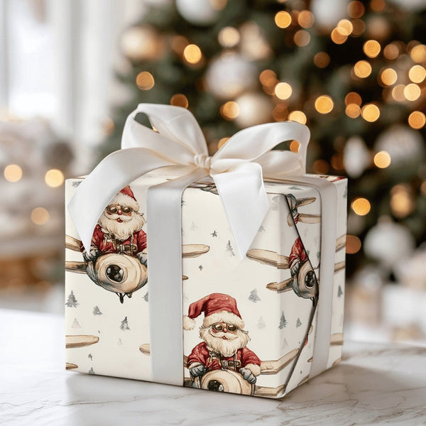 Vintage Pilot Christmas Gift Wrap, Airplane Santa Wrapping Paper, Whimsical Aviation Wrapping Paper, Aviation Holiday Wrappin