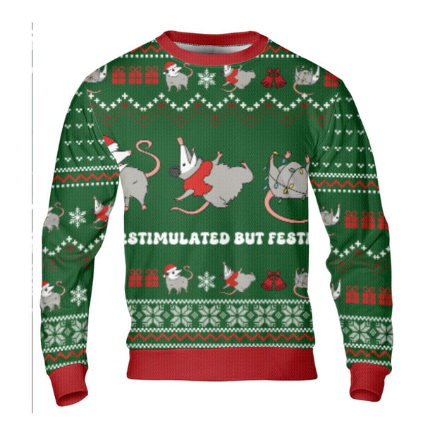 Overstimulated but Festive Sweatshirt, Opossum Ugly Christmas Sweater, Humorous Trash Animal Holiday Crewneck, Comfy Xmas Pos