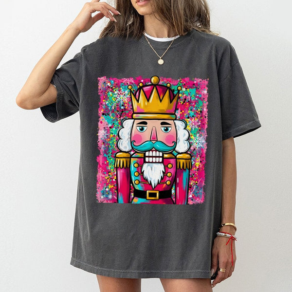 Retro Nutcracker Shirt, Pink Teal Watercolor Nutcracker Christmas T-Shirt, Holiday Ballet Graphic Tee, Festive Christmas Nutc