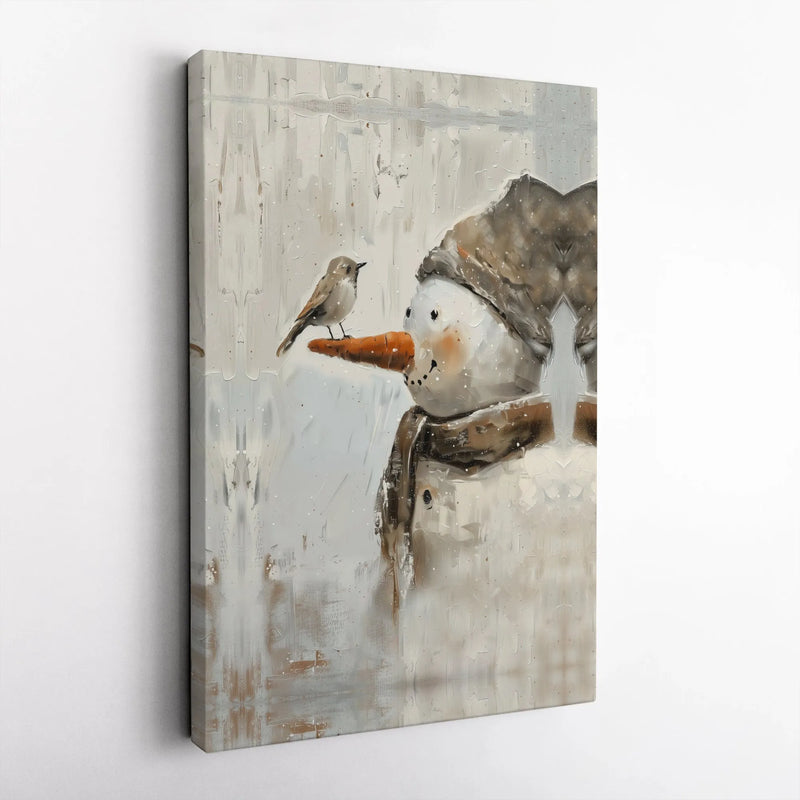 Rustic Winter Snowman Wall Art, Snowman and Bird Canvas Print, Holiday Snowman Oil Painting Canvas, Farmhouse Christmas Decor