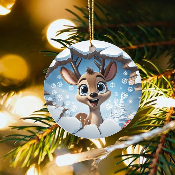 Cartoon Winter Wonderland Ornament, Adorable Reindeer Christmas Ornament, Ceramic Reindeer Tree Ornament, Holiday Reindeer Ke