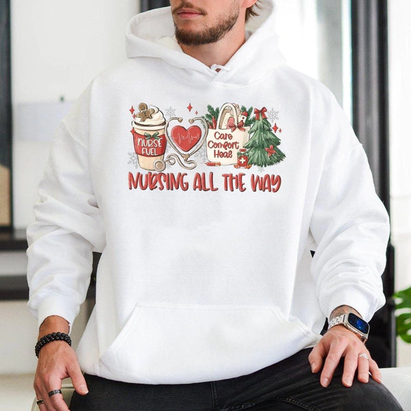 RN Holiday Sweatshirt, Nursing All the Way Christmas Nurse Hoodie, LPN Medical Graphic Hooded Pullover, Nursing Student Xmas 