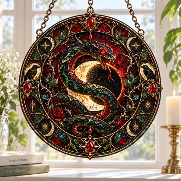 Coiled Under the Crescent - Serpent and Raven Round Window Hanging - main