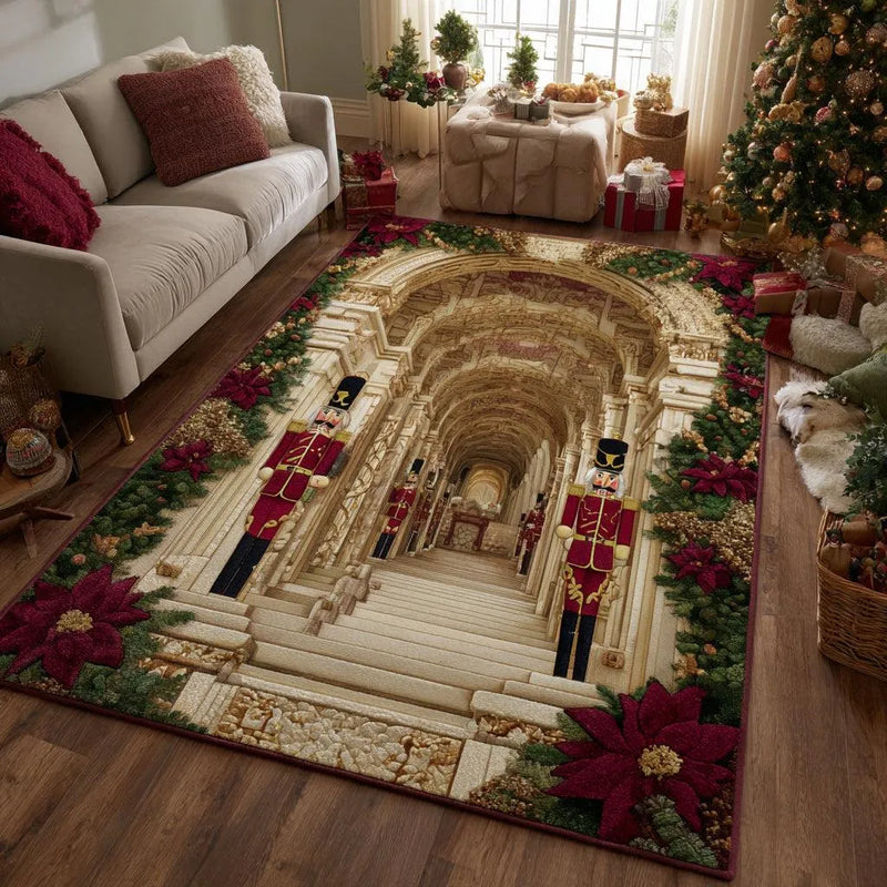 3D Staircase Illusion Area Rug, Nutcracker Christmas Tunnel Rug, Poinsettia Holiday Floor Mat, Non-Slip Festive Living Room Carpet