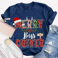 Custom Santa Hat Holiday Graphic Tee, Personalized Bus Driver Christmas T-Shirt, Merry Christmas Driver Shirt, Adorable Xmas School Bus Tee