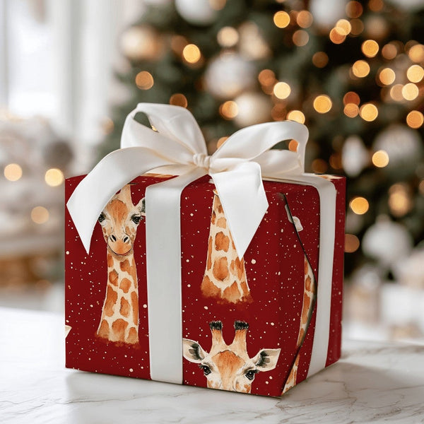 Snowy Red Animal Gift Wrap, Watercolor Giraffe Christmas Wrapping Paper, Festive Winter Giraffe Wrapping Paper, Holiday Gift 