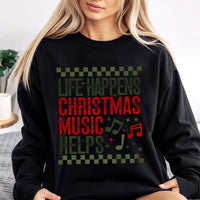 Retro Music Note Holiday Sweatshirt, Life Happens Christmas Music Helps Sweatshirt, Humorous Christmas Music Pullover
