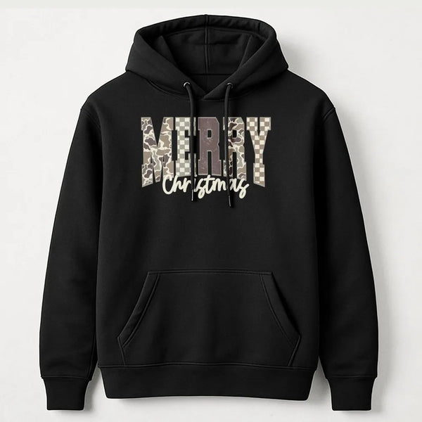 Trendy Camouflage Checkered Hoodie, Merry Christmas Camo Hoodie, Comfy Holiday Graphic Sweatshirt, Winter Festive Pullover Ca