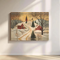 Folk Art Snowy Church Canvas, Winter Christmas Village Canvas Wall Art, Christmas Village Canvas Print, Festive Holiday Wall Art Decor