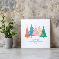 Wonderful Time of the Year Quote Wall Art, Christmas Trees Square Canvas, Whimsical Holiday Doodle Canvas Print, Rustic Winter Wall Decor