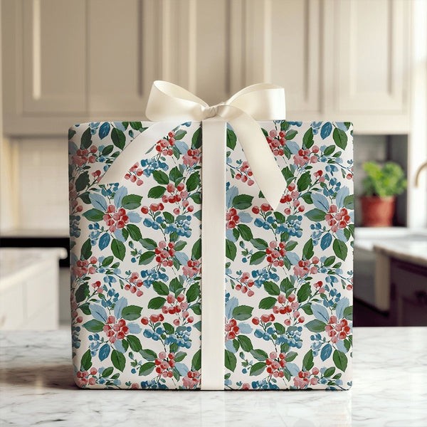 Botanical Holiday Gift Wrap, Watercolor Berry Wrapping Paper, Festive Floral Christmas Wrapping Paper, Winter Berry Gift Wrap