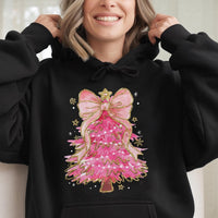 Coquette Bow Aesthetic Holiday Sweatshirt, Pink Christmas Tree Hoodie, Adorable Xmas Tree Graphic Hoodie, Trendy Winter Holiday Hoodie Present