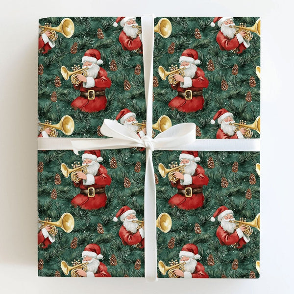 Musical Pine Christmas Gift Wrap, Santa Playing Trumpet Wrapping Paper, Dark Green Santa Wrapping Paper, Festive Holiday Gift