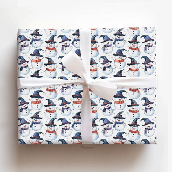 Watercolor Winter Snowmen Gift Wrap, Wizard Snowman Wrapping Paper, Magical Witch Hat Gift Wrapping Paper, Festive Christmas 
