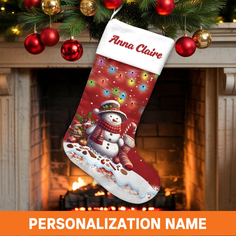 Adorable Holiday Lights Christmas Stocking, Personalized Snowman Christmas Stocking, Custom Name Winter Holiday Stocking, Family Fireplace Decor
