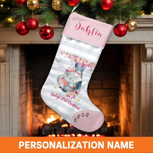 Adorable Sleeping Elephant Holiday Stocking, Personalized Baby Christmas Stocking, Custom Name Baby First Stocking, Newborn F