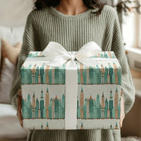 NYC Skyscraper Gift Wrap, Christmas City Skyline Wrapping Paper, Holiday City Wreath Wrapping Paper, Urban Architecture Gift Wrap Roll