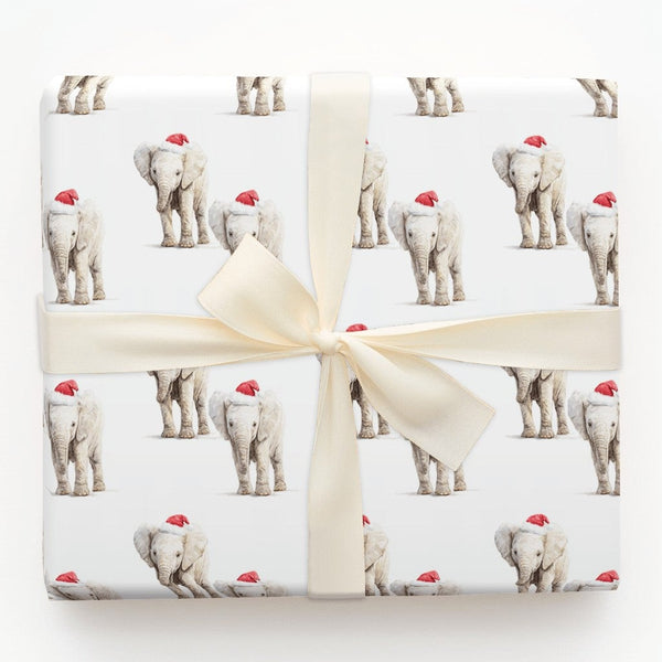 Santa Hat Wrapping Paper, Baby Elephant Christmas Wrapping Paper, Adorable Animal Holiday Gift Wrap, Festive Winter Elephant 