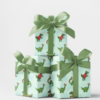 Festive T-Rex Holiday Gift Wrap, Dinosaur Christmas Wrapping Paper, Adorable Dino Xmas Wrapping Paper, Kids Holiday Present Paper Roll