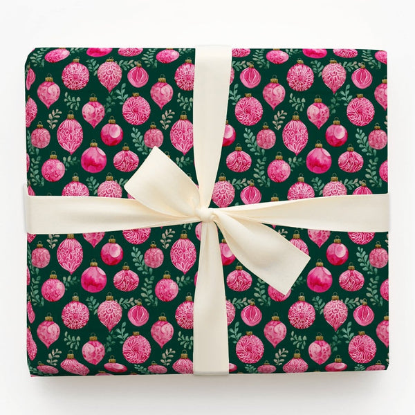 Watercolor Greenery Gift Wrap, Pink Ornament Christmas Wrapping Paper, Dark Green Holiday Wrapping Paper, Elegant Winter Baub