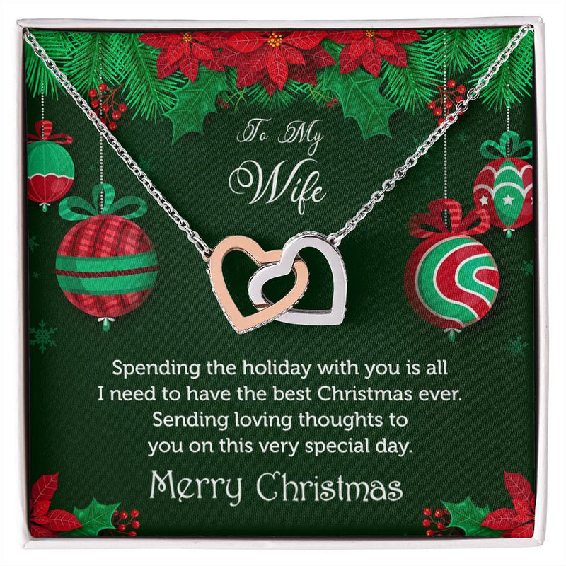 CZ Pendant, To My Wife Christmas Interlocking Hearts Necklace, Polished Steel Heart Necklace, Romantic Holiday Anniversary Present for Her